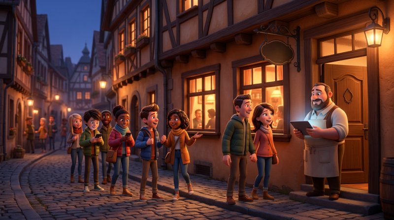 Gäste stehen abends vor einem kleinen Restaurant Schlange, während der Gastgeber an der Tür die Warteliste auf dem Tablet verwaltet