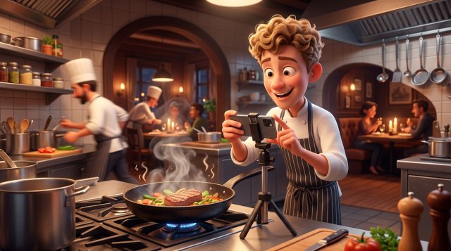 Illustration af en ung dansk kok, der filmer en sydende stegepande med sin smartphone på stativ i et restaurantkøkken, med en hyggelig sal med levende lys i baggrunden