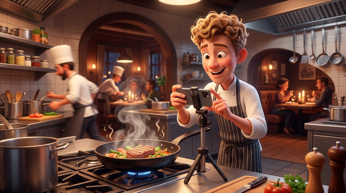 Illustration af en ung dansk kok, der filmer en sydende stegepande med sin smartphone på stativ i et restaurantkøkken, med en hyggelig sal med levende lys i baggrunden