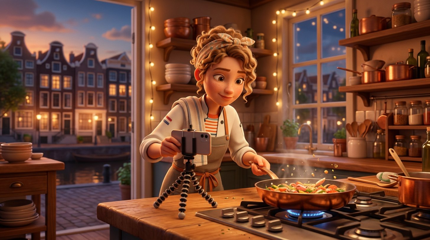 Illustratie van een jonge kok die met een smartphone op statief een sissende pan filmt in een restaurantkeuken met uitzicht op grachtenpanden