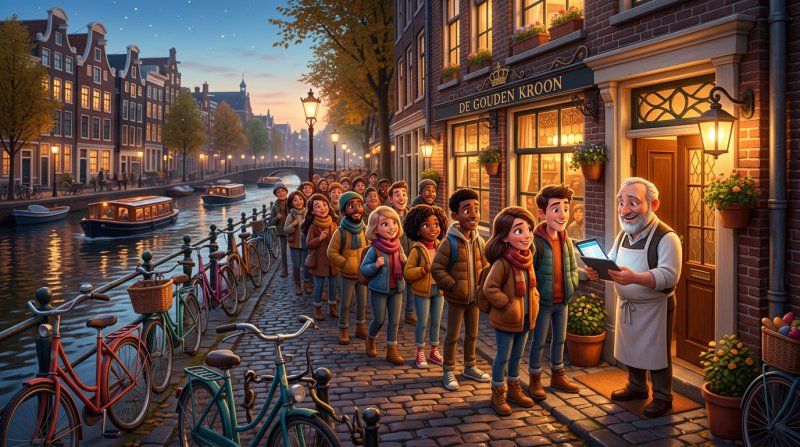 Illustratie van een lange rij jonge gasten voor een klein grachtenrestaurant in de avond, terwijl de eigenaar bij de deur de wachtlijst op een tablet beheert