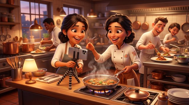 Ilustración de un joven cocinero grabando con el móvil en un trípode una sartén humeante en la cocina de un restaurante en pleno servicio