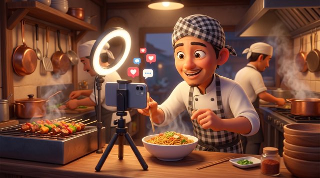 Ilustrasi 3D koki merekam video hidangan dengan smartphone di dapur restoran, dikelilingi ikon hati dan komentar