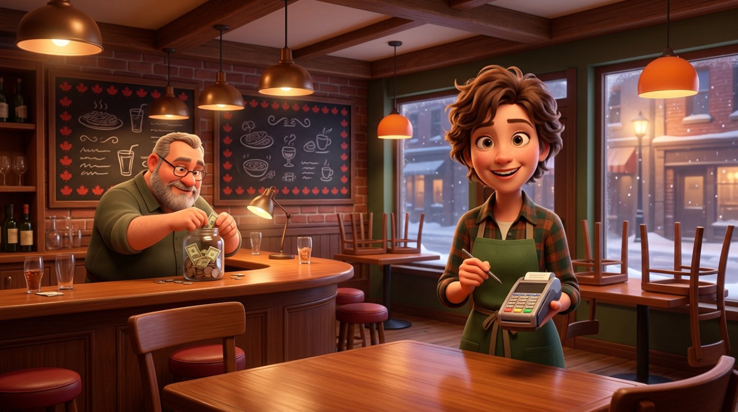 Smiling server holding a payment terminal in a warm Canadian bistro while the owner counts a shared tip jar behind the bar