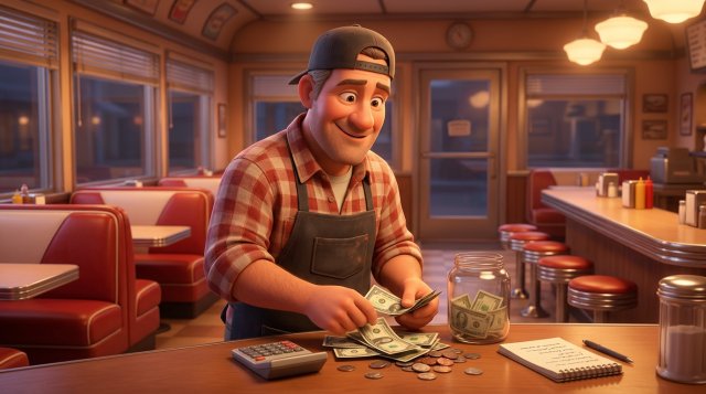 Diner owner at the counter after closing, sorting bills and coins from a glass tip jar next to a notepad and calculator