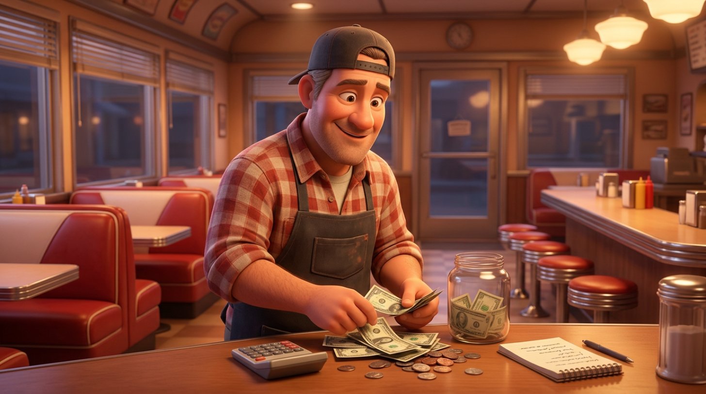 Diner owner at the counter after closing, sorting bills and coins from a glass tip jar next to a notepad and calculator