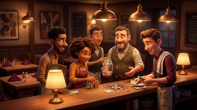 Restaurant team gathered around the counter sharing out the evening's tips from a glass jar