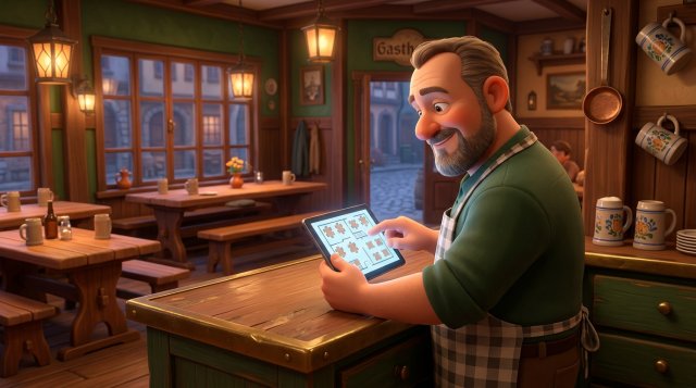 Gastwirt studiert am Tresen seines Gasthauses den Tischplan des Gastraums auf einem Tablet