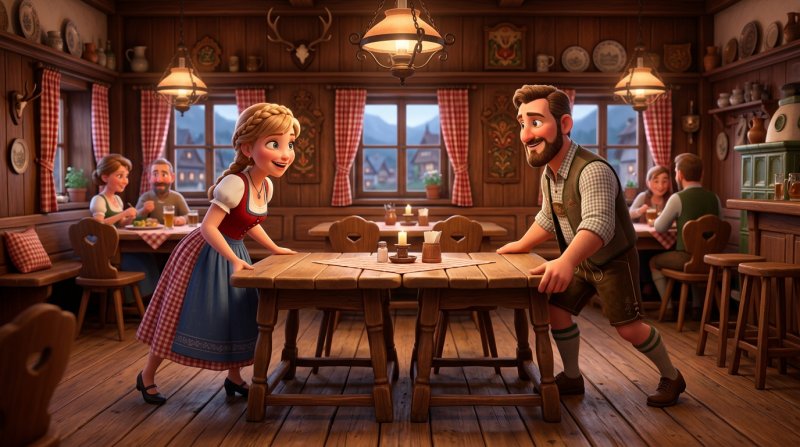 Zwei Kellner schieben in einem holzvertäfelten Gasthaus zwei quadratische Tische zu einer größeren Tafel zusammen