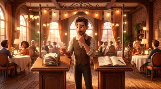 Restaurant owner in an elegant American dining room comparing two matching host podiums under one shared banner, one stacked with dinner tickets and the other holding an open reservation ledger
