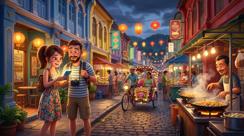 Tourist couple at a Penang street corner at dusk choosing a restaurant on a phone map, hawker stalls and shophouses lining the street