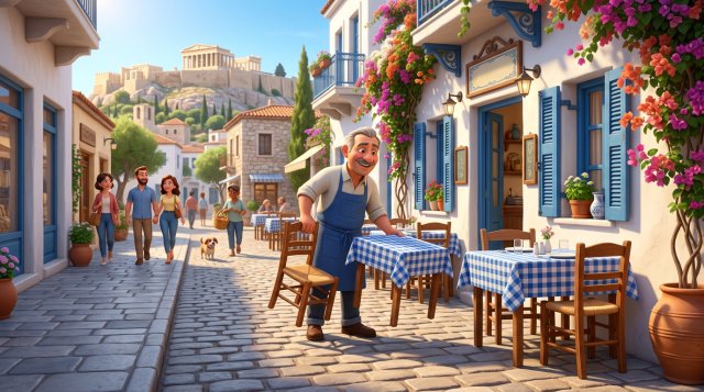 Εστιάτορας τακτοποιεί τραπεζοκαθίσματα σε πεζοδρόμιο μπροστά από ελληνική ταβέρνα, με ελεύθερο διάδρομο για τους πεζούς και την Ακρόπολη στο βάθος