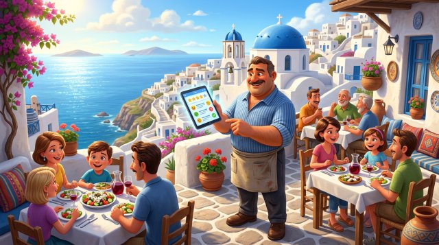 Εστιάτορας σε βεράντα νησιώτικης ταβέρνας ελέγχει στο τάμπλετ τη σελίδα αξιολογήσεων του μαγαζιού του, με τουρίστες στα τραπέζια γύρω του