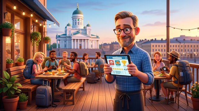 Ravintoloitsija terassillaan Helsingissä katsomassa tabletilta ravintolalistausta, taustalla turisteja pöydissä