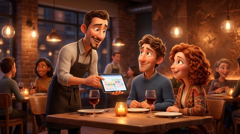 Číšník ukazuje zahraničnímu páru u stolu tablet s rezervačním kalendářem restaurace