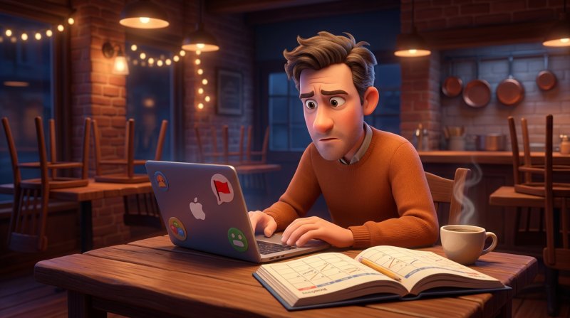 Bekymrad krögare jämför en rödflaggad recension på laptopskärmen med sin öppna bokningskalender