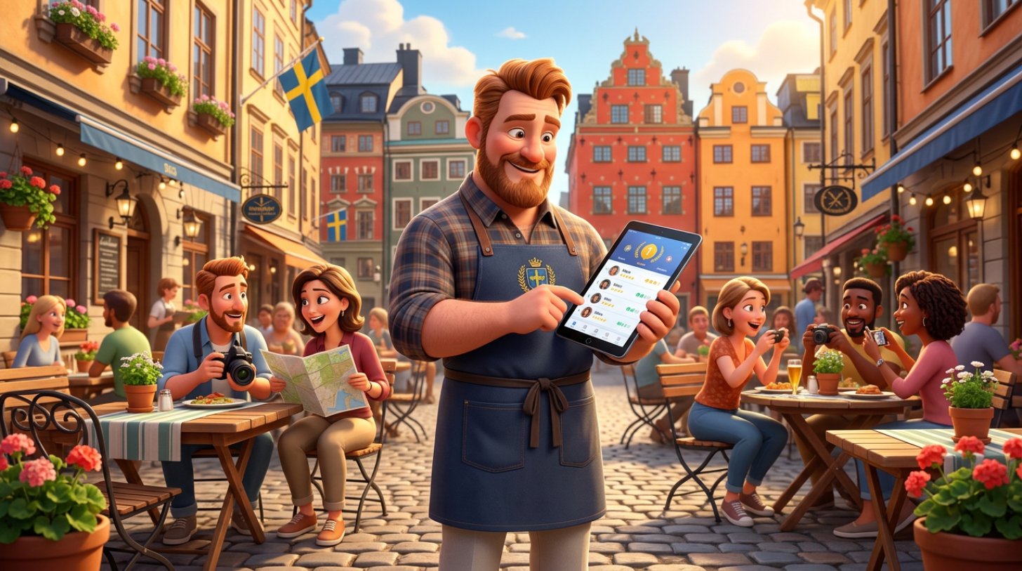 Krögare på sin uteservering tittar på restaurangens placering i en lista på en surfplatta, turister vid borden bakom honom