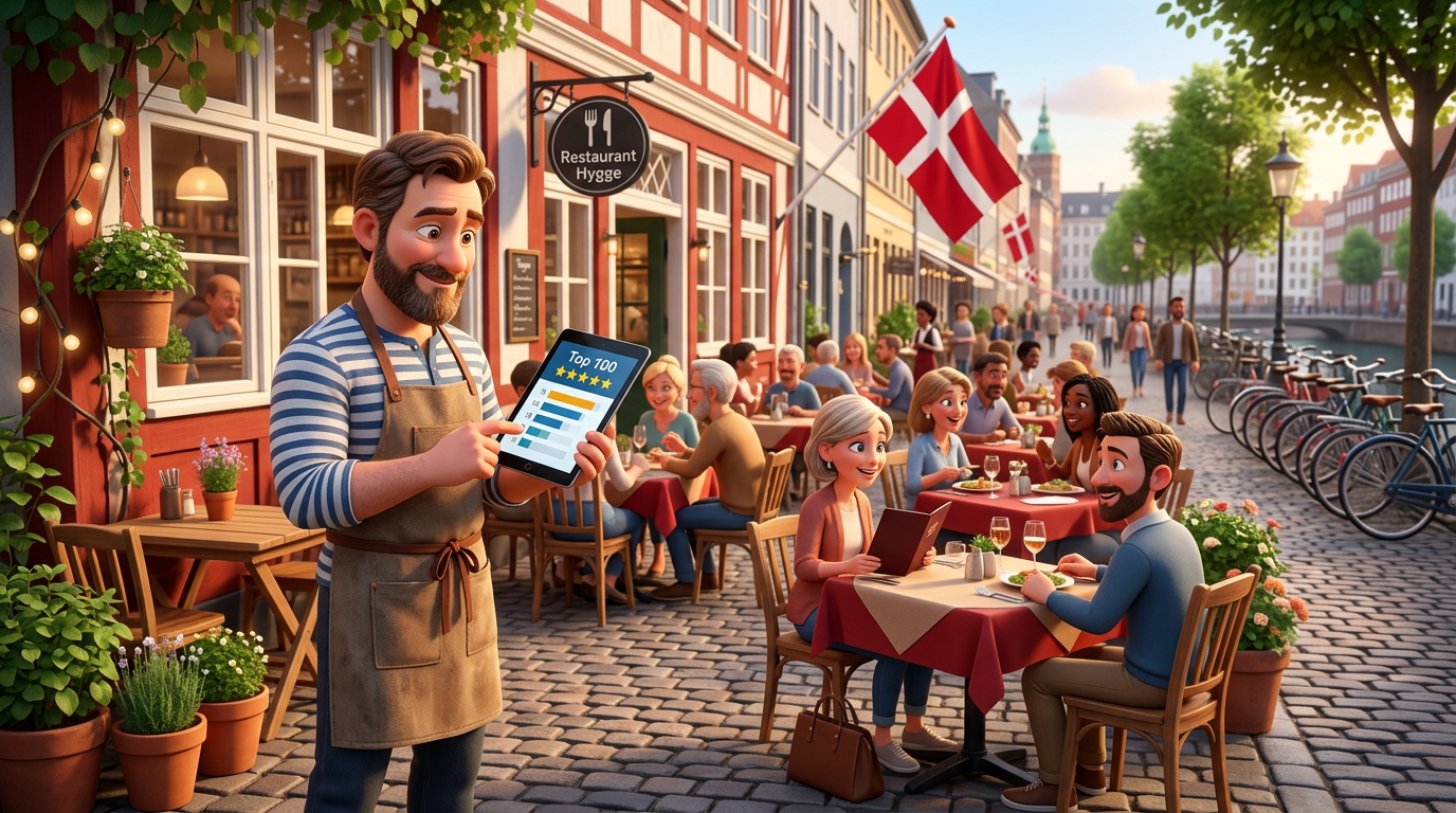 Restauratør på sin udeservering kigger på restaurantens placering i en liste på en tablet, turister ved bordene bag ham