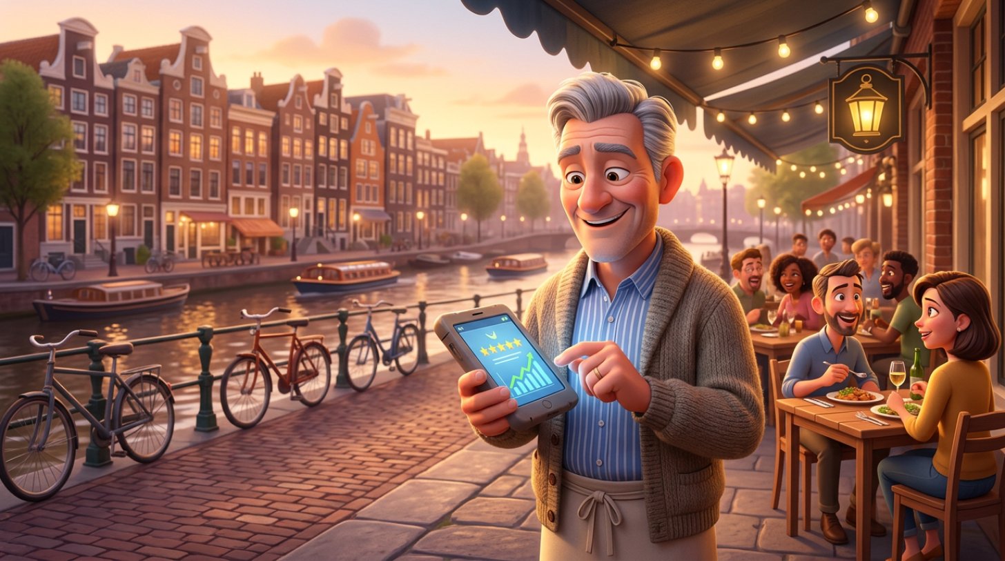 Restauranthouder bekijkt de ranking van zijn zaak op een tablet op zijn grachtenterras, toeristen aan tafels op de achtergrond