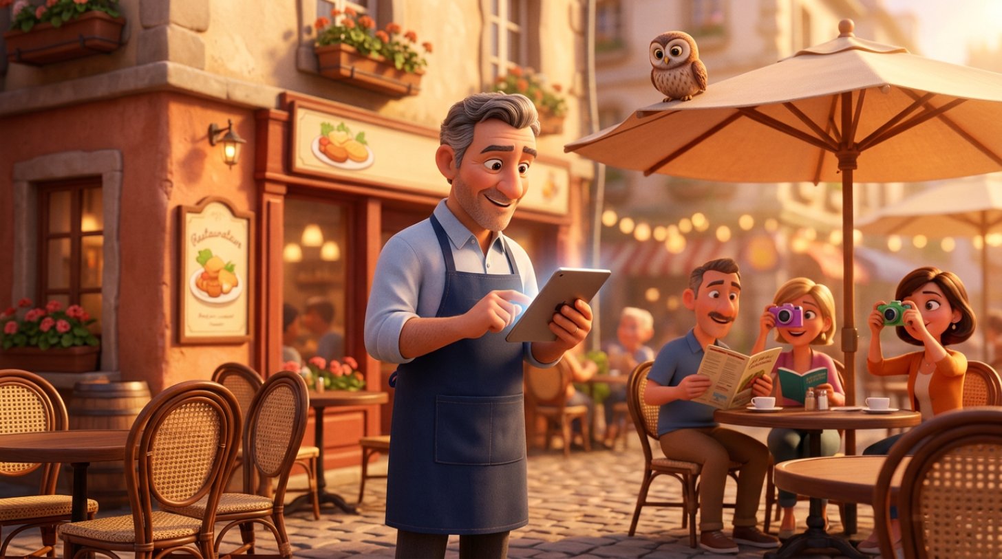 Illustration d'un restaurateur consultant le classement de son restaurant sur une tablette en terrasse, des touristes attablés derrière lui