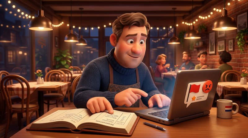 Restauranthouder vergelijkt aan zijn laptop een verdachte review met rode vlag met zijn opengeslagen reserveringenboek
