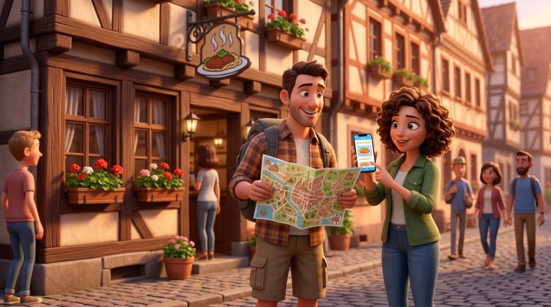 Touristenpaar mit Stadtplan und Smartphone liest Restaurantbewertungen vor einer Fachwerkfassade in einer deutschen Altstadt