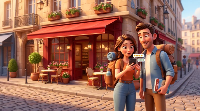 Couple de touristes consultant les avis d'un restaurant sur smartphone devant une façade parisienne