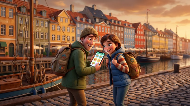Turistpar sammenligner restauranter på en smartphone foran farverige huse ved Nyhavn