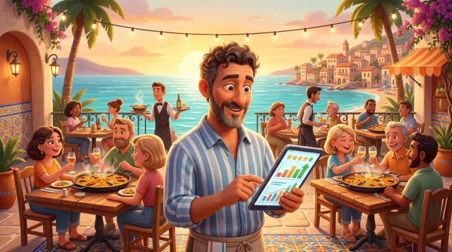 Dueño de restaurante consultando la clasificación de su local en una tablet en su terraza junto al mar, con turistas comiendo al fondo