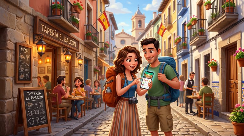 Pareja de turistas con mochilas eligiendo restaurante desde el móvil en una calle del casco antiguo