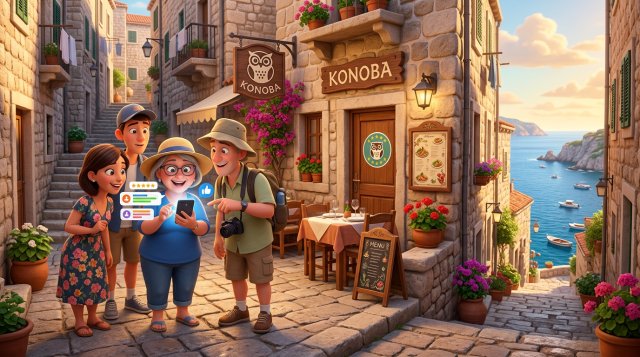 Strani turisti u kamenoj ulici primorskog starog grada gledaju recenzije restorana na mobitelu ispred terase konobe