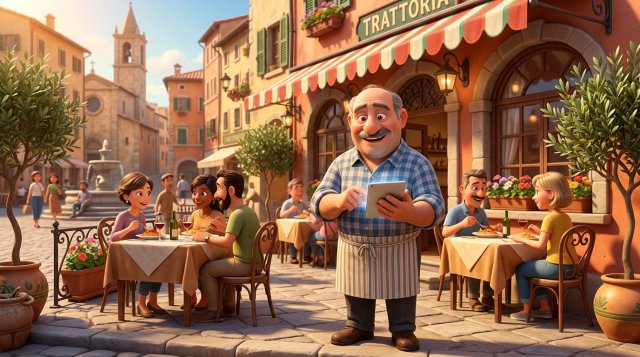 Illustrazione di un ristoratore che controlla la scheda del suo locale su un tablet nel dehors, con turisti seduti ai tavoli alle sue spalle