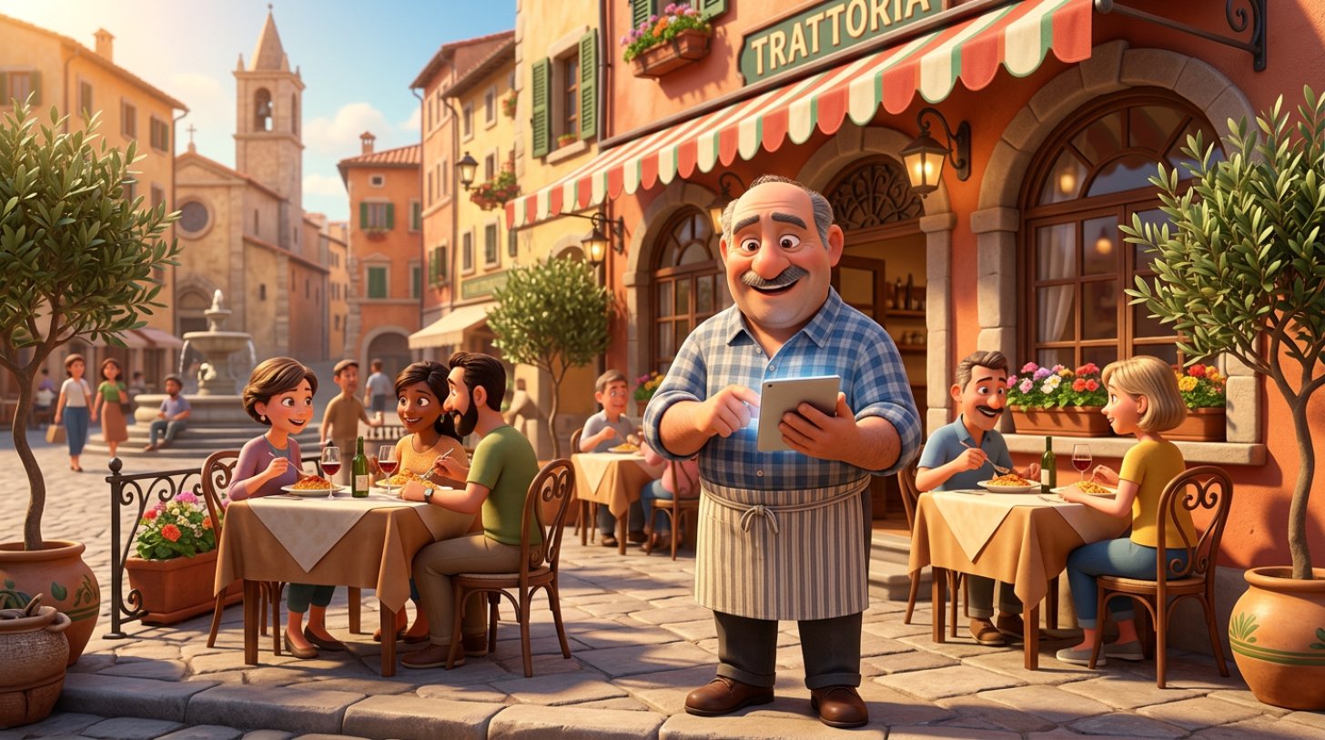 Illustrazione di un ristoratore che controlla la scheda del suo locale su un tablet nel dehors, con turisti seduti ai tavoli alle sue spalle