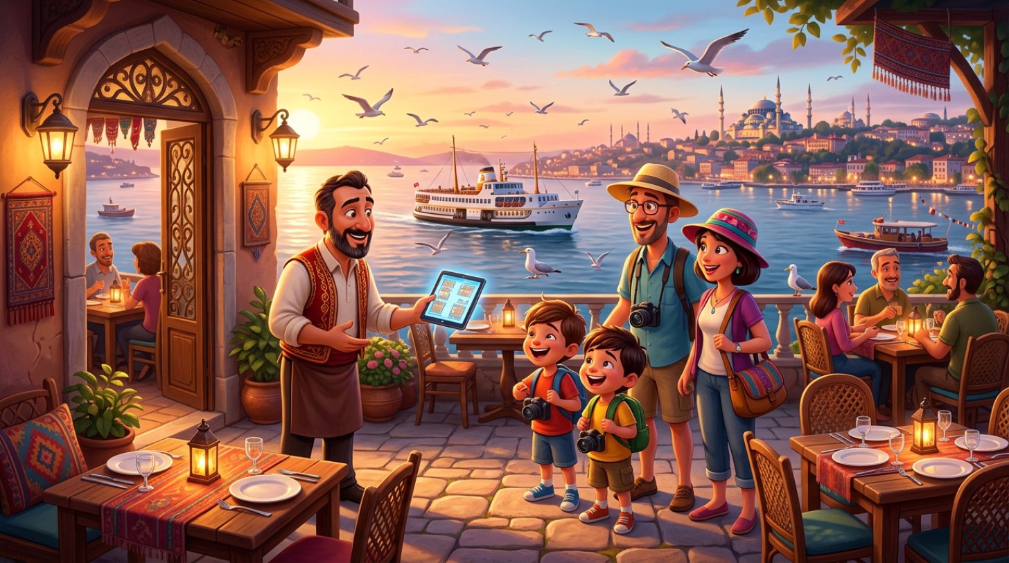 Boğaz manzaralı bir restoran terasının girişinde elindeki tabletle uluslararası turist grubunu karşılayan güler yüzlü restoran işletmecisinin 3D illüstrasyonu