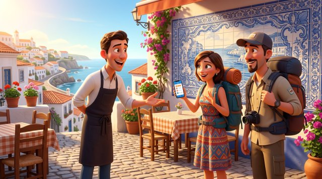 Ilustração de um empregado de mesa a acolher um casal de turistas estrangeiros com smartphone na esplanada de um restaurante português com azulejos