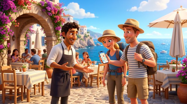 Ilustración de un camarero que recibe en la terraza de un restaurante junto al mar a una pareja de turistas extranjeros que le muestran un mapa en el móvil