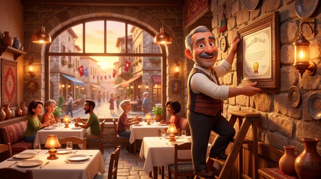 Tarihi bir turistik sokağa bakan şık restoran salonunun taş duvarına çerçeveli resmi belgesini asan gururlu restoran işletmecisinin 3D illüstrasyonu
