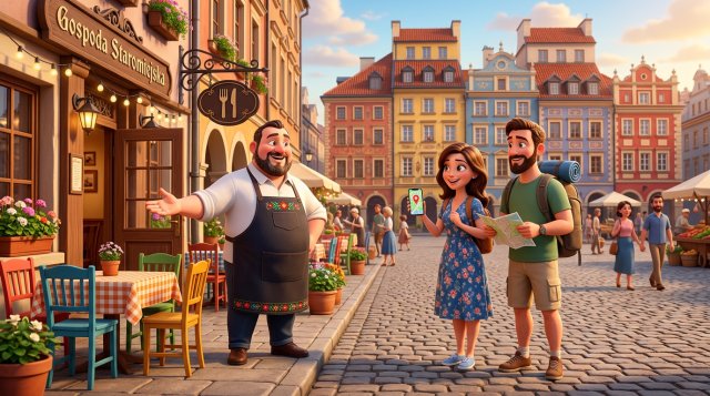 Ilustracja restauratora witającego parę turystów zagranicznych ze smartfonem przed restauracją na rynku polskiego starego miasta