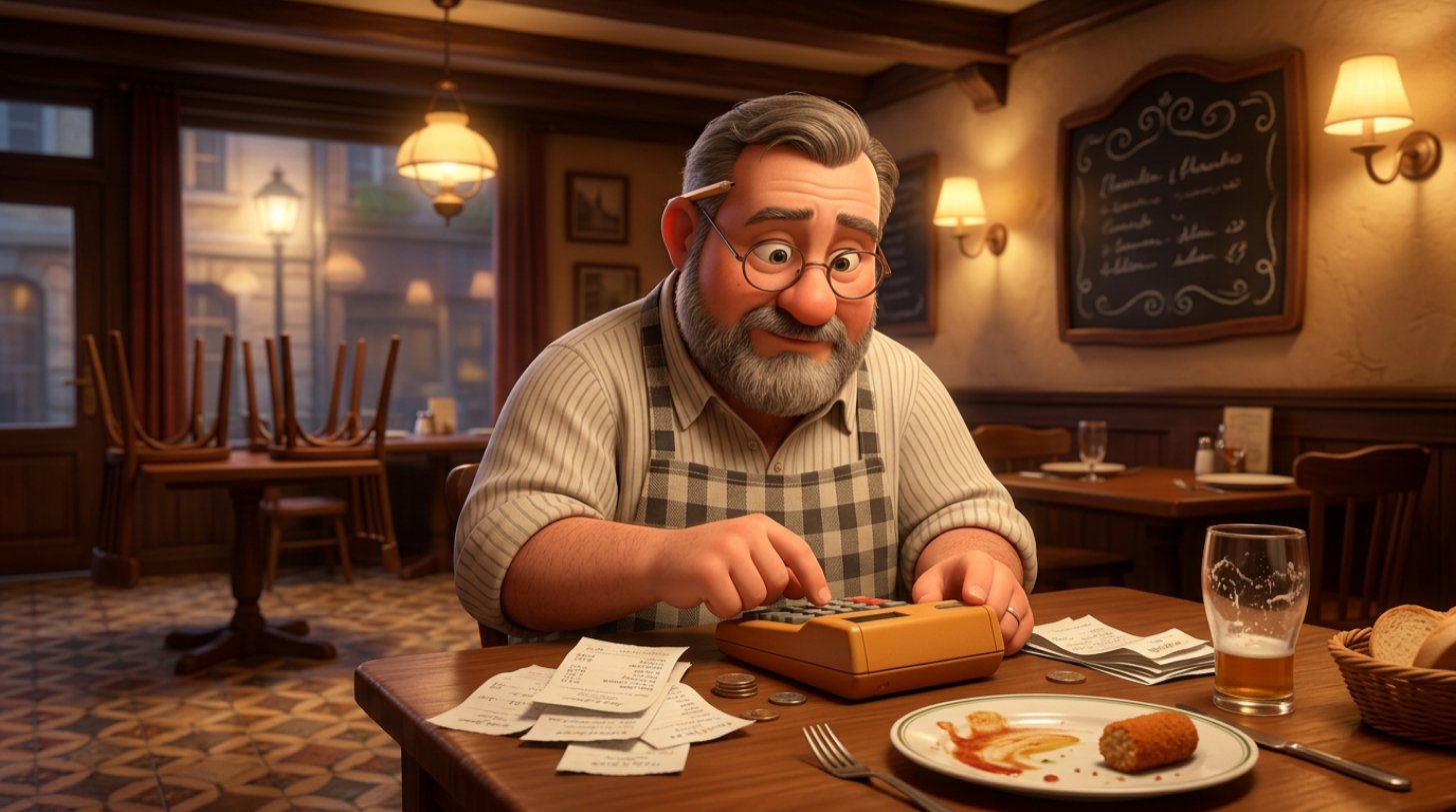 Illustration d'un restaurateur belge attablé avec une calculatrice et des tickets de caisse, entouré d'assiettes et de verres