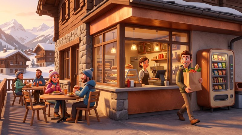 Comptoir de take-away suisse avec terrasse occupée d'un côté, client repartant avec son sac de l'autre et automate à snacks contre le mur