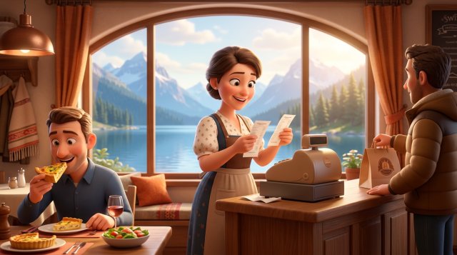 Restauratrice suisse à sa caisse comparant le ticket d'un client en salle et celui d'un client qui emporte son repas, lac et montagnes visibles par la fenêtre