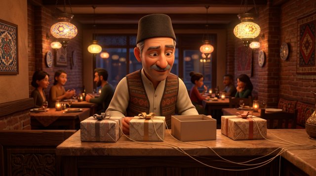 Restoran kürsüsünde dört hediye kutusunu inceleyen işletmeci: üç kutuya bağlı ipler ekran dışına uzanırken dördüncü kutu açık ve ipsiz duruyor, 3D illüstrasyon