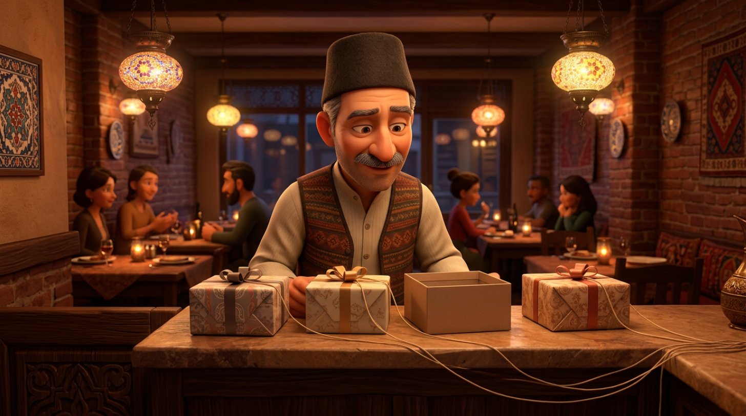 Restoran kürsüsünde dört hediye kutusunu inceleyen işletmeci: üç kutuya bağlı ipler ekran dışına uzanırken dördüncü kutu açık ve ipsiz duruyor, 3D illüstrasyon