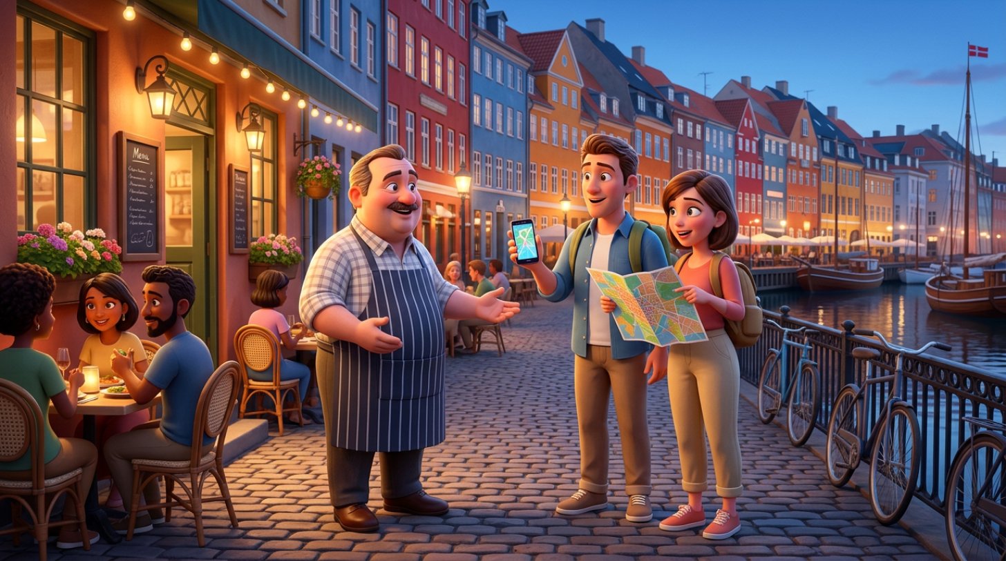 Restauratør byder to udenlandske turister med mobil og kort velkommen foran en restaurant ved Nyhavns farverige huse