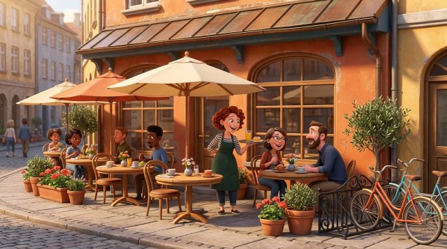 Solrig udeservering med parasoller og dækkede borde foran en dansk restaurantfacade
