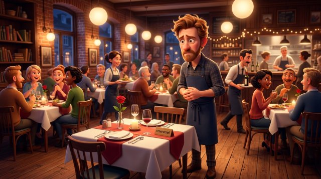 Restauratør ser bekymret på et tomt dækket bord med reserveret-skilt, mens resten af restauranten er fuld af gæster