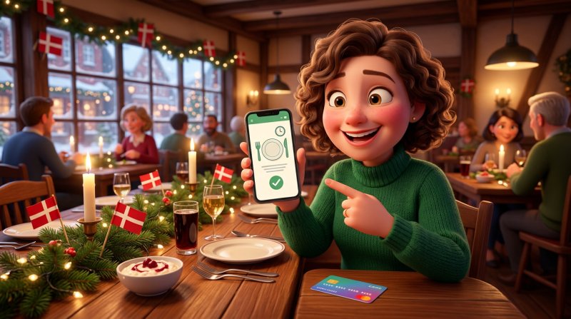 Gæst viser bookingbekræftelse på mobilen med betalingskort ved siden af et dækket julefrokostbord med gran og levende lys