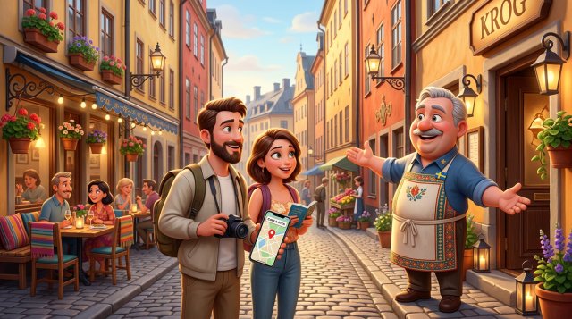 Illustration av en krögare som välkomnar två utländska turister med mobil och karta utanför en restaurang i Gamla stan