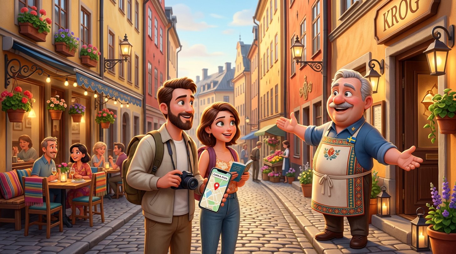 Illustration av en krögare som välkomnar två utländska turister med mobil och karta utanför en restaurang i Gamla stan