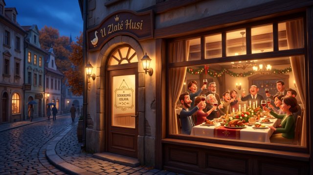 Večerní pohled na restauraci s cedulkou na dveřích, uvnitř probíhá slavnostní soukromá oslava u dlouhého stolu se svíčkami
